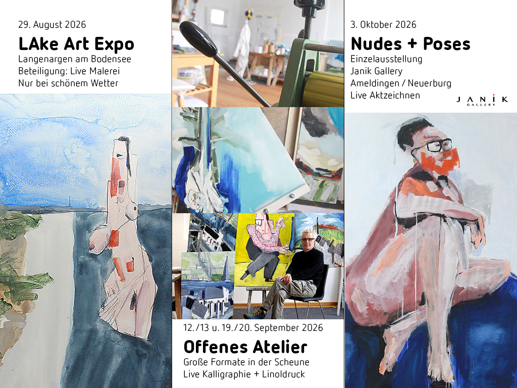 Das Poster zeigt die Ausstellungstermine von Andi Goral /goralkunst in Langenargen, Offenes Atelier und Janik Gallery