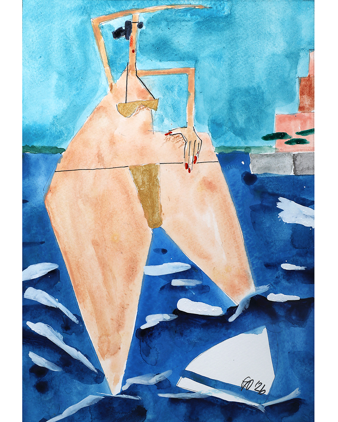 Das Aquarell zeigt eine Badende im Bodensee bei Langenargen vor dem Schloss Montfort