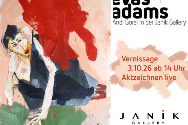 Das Motiv zeigt das Bildnis einer jungen Frau in schwarzem Kleid und die Einladung zur Vernissage der Ausstellung "evas + adams" von Andi Goral in der Janik Gallery